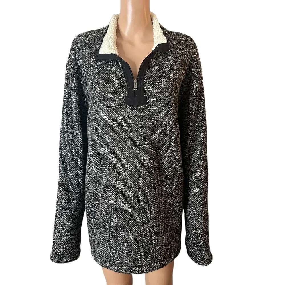 Orvis Sherpa Fleece Pullover Sweater Mens XXL Zip Collar Warm Black White Cozy